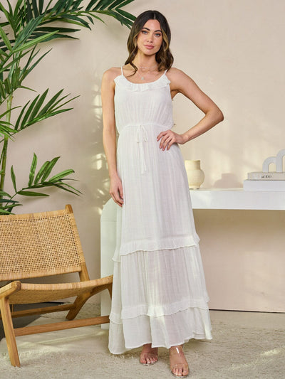 WOMEN'S SLEEVELESS V-NECK ELASTIC WAIST TIERED MAXI DRESS