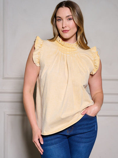 PLUS SIZE SLEEVELESS RUFFLE MOCK NECK BACK DETAILED WASHED DENIM TOP