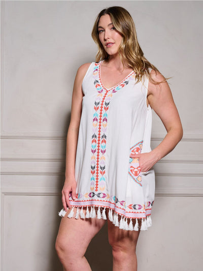 PLUS SIZE SLEEVELESS V-NECK POCKETS EMBROIDERY DETAILED TUNIC MINI DRESS