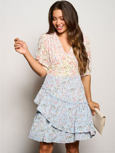 WOMEN'S SHORT SLEEVE BUTTON UP RUFFLE TIERED FLORAL MINI DRESS