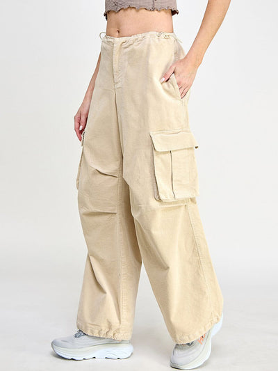 WOMEN'S ZIP UP CARGO POCKETS WIDE LEG CORDUROY PANTS