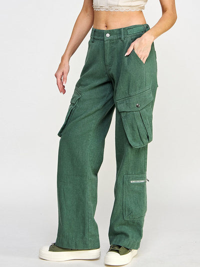 WOMEN'S BUTTON CLOSURE CARGO POCKETS WIDE LEG PANTS