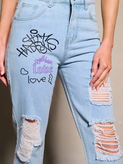 WOMEN'S BUTTON CLOSURE GRAPHIC DISTRESS DENIM PANTS