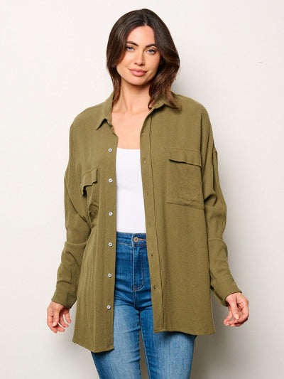 WOMEN'S LONG SLEEVE BUTTON UP FRONT POCKETS OVERSIZED SHIRT