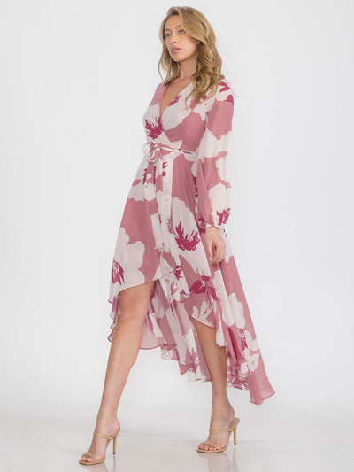 WOMEN'S LONG SLEEVE SELF TIE HIGH-LOW FLORAL PRINT SURPLICE MIDI DRESS