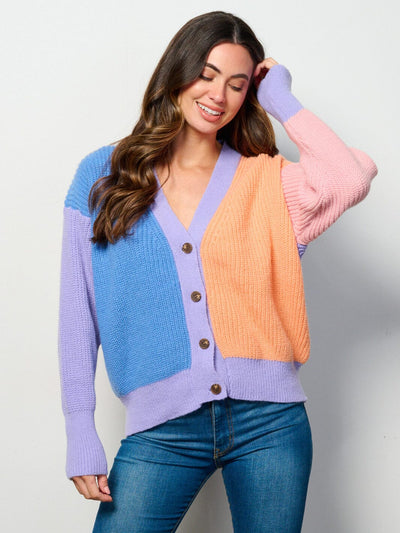 WOMEN'S LONG SLEEVE BUTTON UP COLORBLOCK CARDIGAN SWEATER