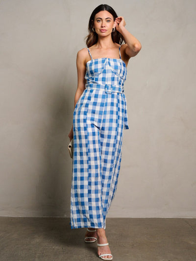 WOMEN'S SLEEVELESS POCKETS SELF TIE WIDE LEG PLAID JUMPSUIT