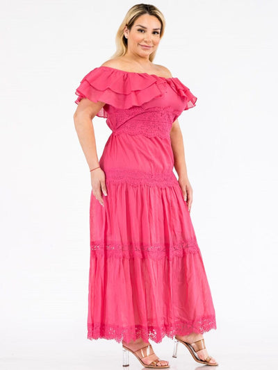 PLUS SIZE OFF SHOULDER RUFFLE LACE TIERED MAXI DRESS