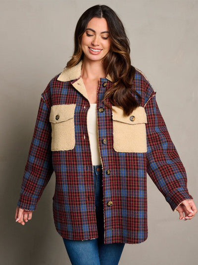 WOMEN'S LONG SLEEVE BUTTON CLOSURE SHERPA PLAID JACKET