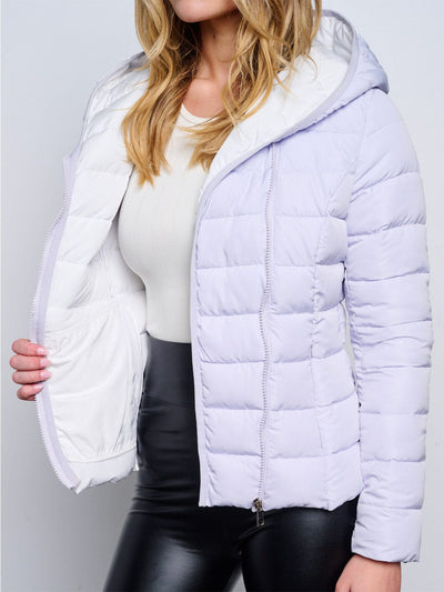 WOMEN'S LONG SLEEVE ZIP UP POCKETS HOODED PUFFER JACKET