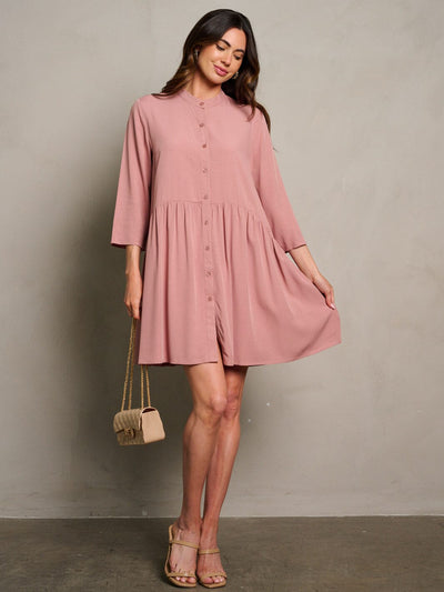 WOMEN'S 3/4 SLEEVE BUTTON UP LOOSE FIT MINI DRESS