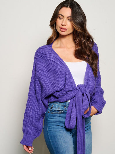 WOMEN'S LONG SLEEVE SELF TIE KNITTED CARDIGAN