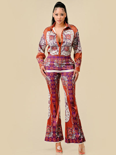 WOMEN'S LONG SLEEVE BLOUSE & BELL LEG PANTS MULTI PRINT 2PC. SET