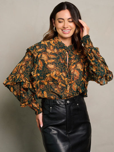 WOMEN'S LONG SLEEVE NECK TIE RUFFLE FLORAL BLOUSE TOP