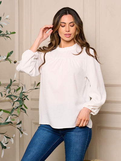 WOMENS LONG SLEEVE RUFFLE NECK DETAILED BLOUSE TOP