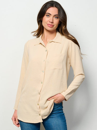 WOMEN'S LONG SLEEVE BUTTON UP FRONT POCKET BLOUSE TOP