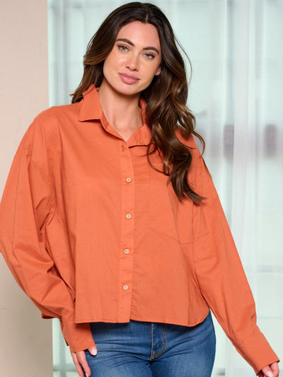 WOMEN'S LONG SLEEVE BUTTON UP FRONT POCKET BLOUSE TOP