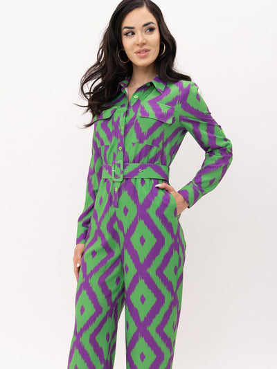 WOMEN'S LONG SLEEVE BUTTON UP POCKETS BELTED PRINTED JUMPSUIT