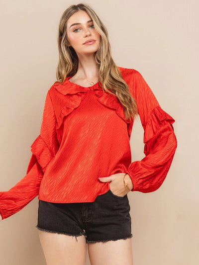 WOMEN'S LONG RUFFLE SLEEVE V-NECK BLOUSE TOP