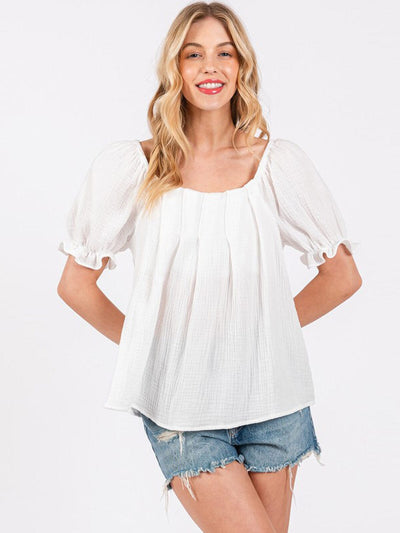 WOMEN'S SHORT PUFF SLEEVE TUNIC BLOUSE TOP