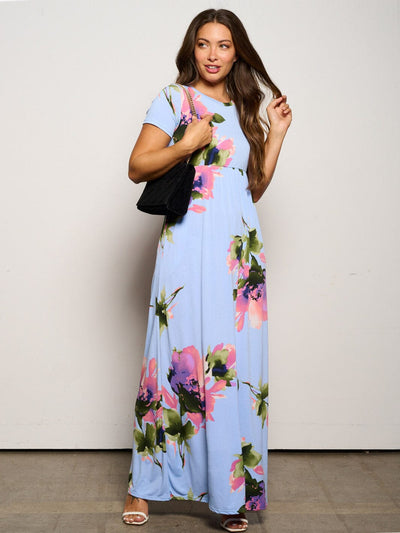 WOMEN'S SHORT SLEEVE ELASTIC WAIST POCKETS FLORAL MAXI DRESS