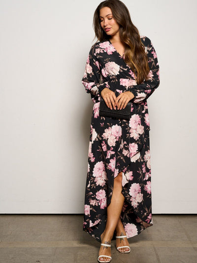 WOMEN'S LONG SLEEVE SURPLICE HIGH-LOW FLORAL MAXI DRESS