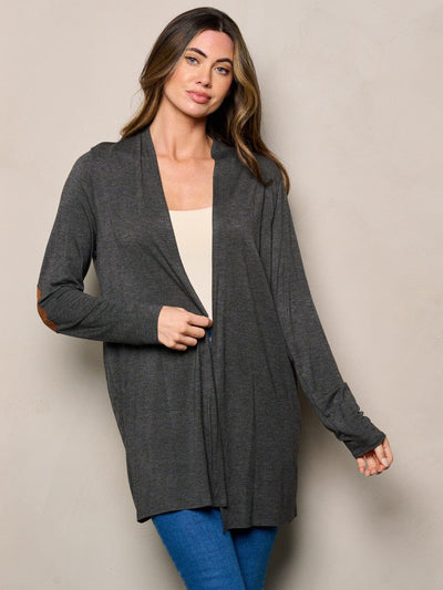 WOMEN'S LONG SLEEVE ELBOW PATCHED OPEN FRONT SOLID CARDIGAN