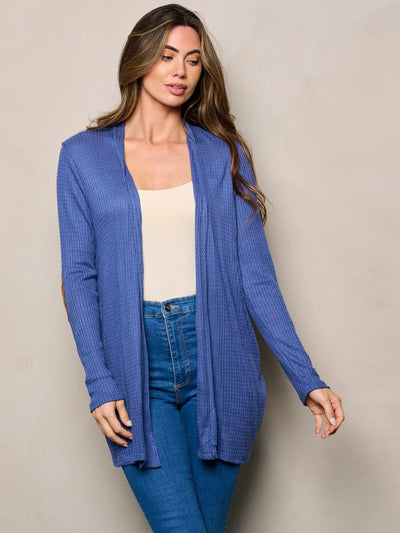 WOMEN'S LONG SLEEVE ELBOW PATCHED OPEN FRONT WAFFLE CARDIGAN