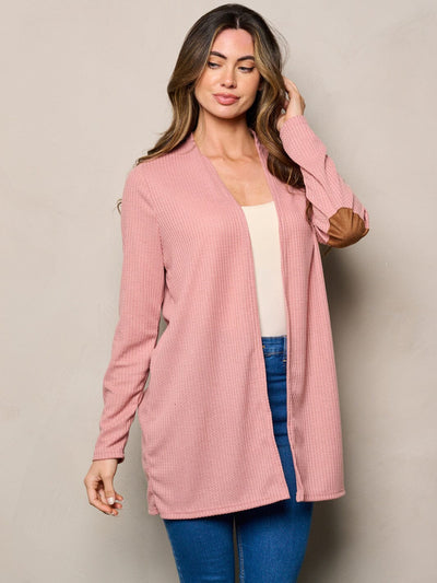 WOMEN'S LONG SLEEVE ELBOW PATCHED OPEN FRONT WAFFLE CARDIGAN