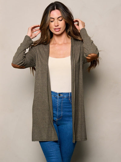 WOMEN'S LONG SLEEVE ELBOW PATCHED OPEN FRONT CARDIGAN