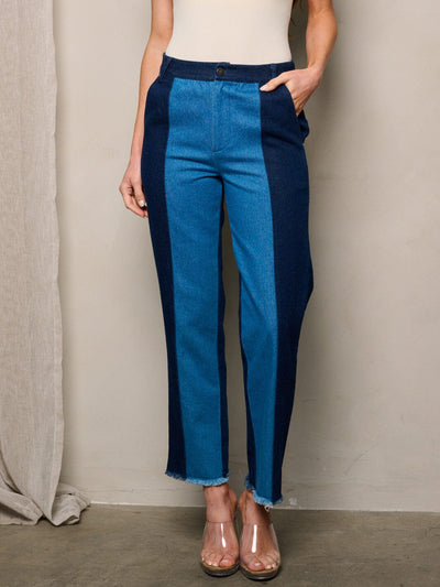 WOMEN'S BUTTON CLOSURE WIDE LEG POCKETS TWO TONE DENIM PANTS