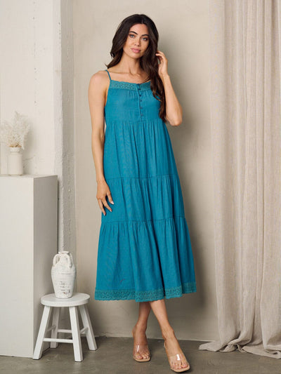 WOMEN'S SLEEVELESS EYELET DETAILED TIERED MIDI DRESS