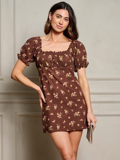 WOMEN'S SHORT SLEEVE SQUARE NECK FLORAL MINI DRESS