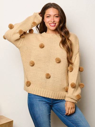 WOMEN'S LONG SLEEVE POM POM'S DETAILED PULLOVER SWEATER