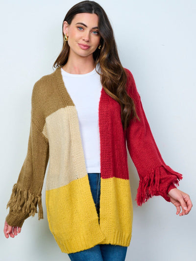 WOMEN'S LONG SLEEVES OPEN FRONT COLORBLOCK CARDIGAN