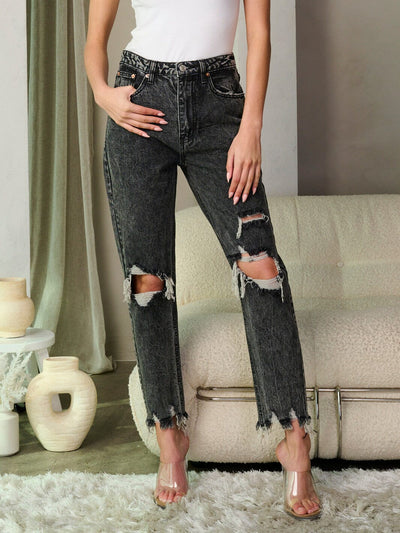 WOMEN'S BUTTON CLOSURE DISTRESS WASHED DENIM PANTS