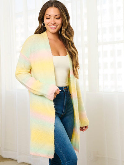 WOMEN'S LONG SLEEVE COLORBLOCK STRIPES OPEN FRONT CARDIGAN