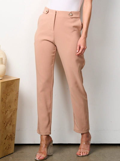 WOMEN'S BUTTON CLOSURE POCKETS WIDE LEG PANTS