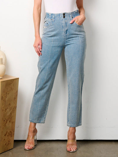 WOMEN'S ELASTIC WAIST BUTTON CLOSURE DENIM PANTS