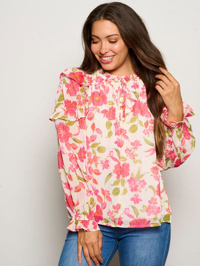 WOMEN'S LONG SLEEVE MOCK NECK RUFFLE FLORAL BLOUSE TOP