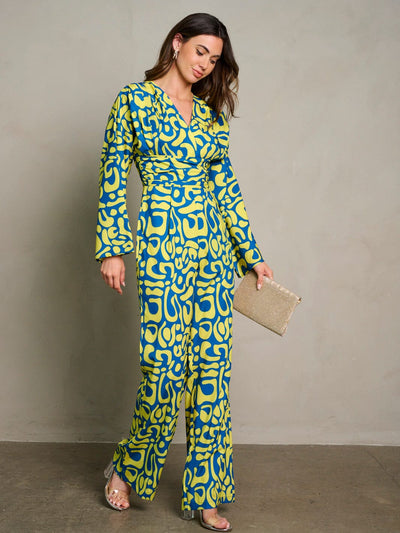 WOMEN'S LONG PUFF SLEEVE SURPLICE PRINTED WIDE LEG JUMPSUIT