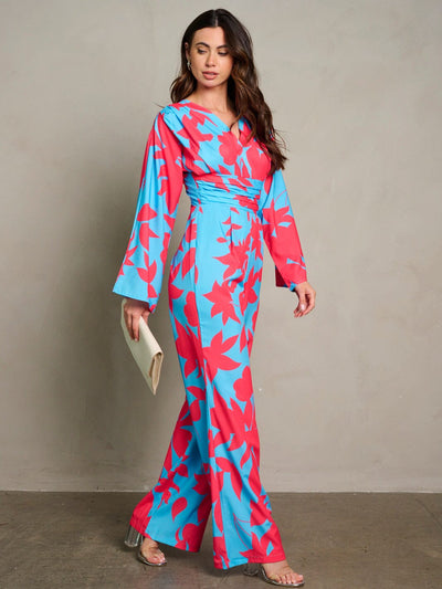 WOMEN'S LONG PUFF SLEEVE SURPLICE PRINTED WIDE LEG JUMPSUIT