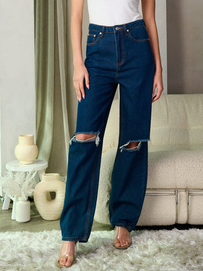 WOMEN'S BUTTON CLOSURE DISTRESS WIDE LEG DENIM PANTS