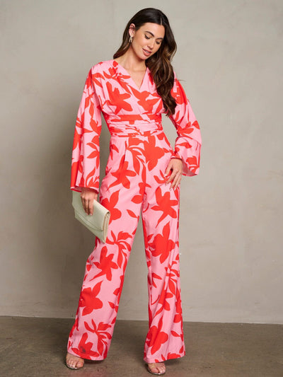 WOMEN'S LONG PUFF SLEEVE SURPLICE PRINTED WIDE LEG JUMPSUIT