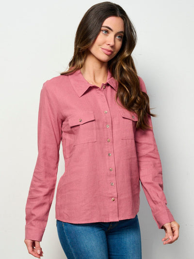 WOMEN'S LONG SLEEVE BUTTON UP FRONT POCKETS LINEN TOP