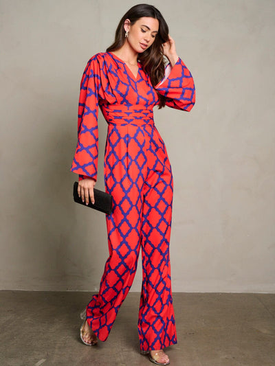 WOMEN'S LONG PUFF SLEEVE SURPLICE PRINTED WIDE LEG JUMPSUIT