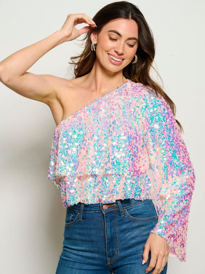 WOMEN'S ONE SHOULDER TIERED SEQUINS BLOUSE TOP