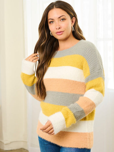 WOMEN'S LONG SLEEVE COLORBLOCK STRIPES PULLOVER SWEATER