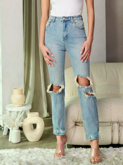 WOMEN'S BUTTON CLOSURE DISTRESS WASHED DENIM PANTS