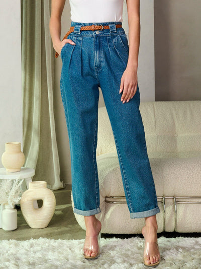 WOMEN'S BUTTON CLOSURE HIGH WAIST BELTED DENIM PANTS